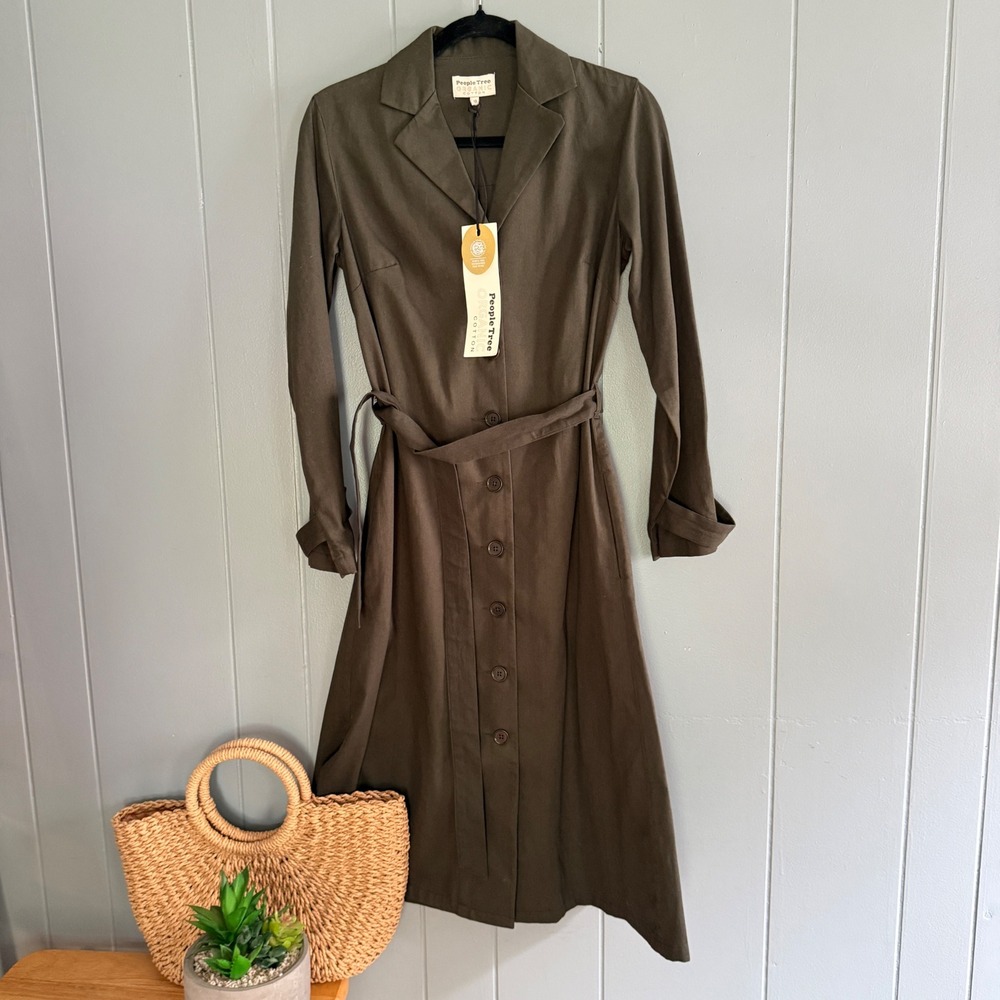 People Tree Organic Cotton Belted Shirt Dress Olive Green Sz 10 NWT Safari GOTS